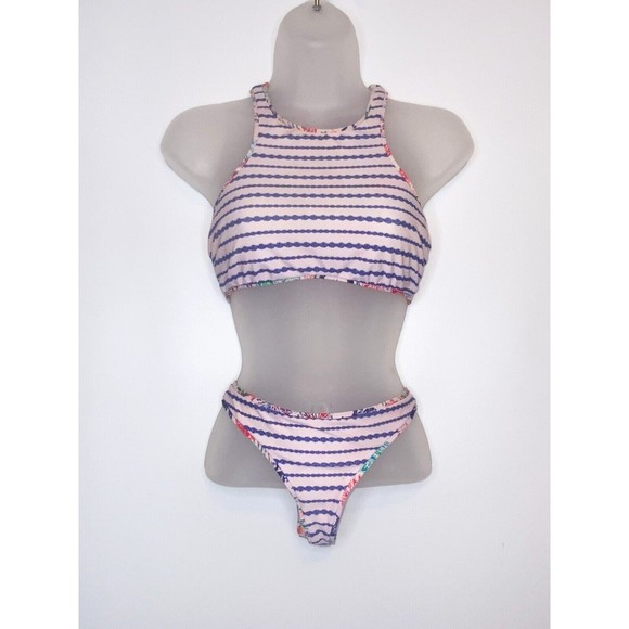 Adore Me SM Blue/Pink Reversible Bikini High Neck Sport Top Scrunch Butt Beachy - Picture 2 of 5